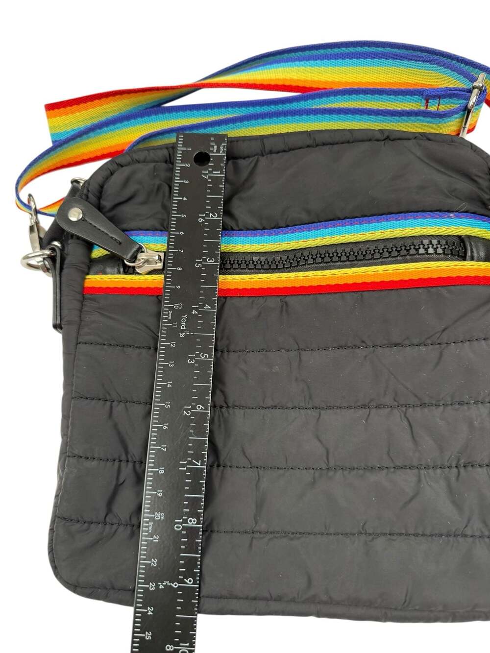 Sondra Roberts Squared Black Quilted Puffer Crossbody Bag with Rainbow Strap - Picture 3 of 8